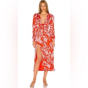 Song of Style Dawson Red Dahlia Floral Midi Dress SZ med